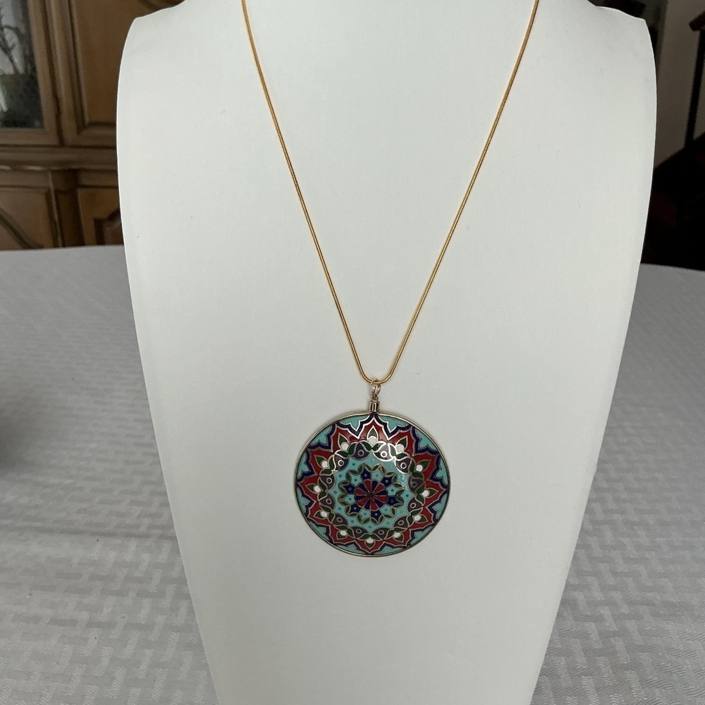 Mandala Multicolored Gold Tone Pendant Necklace